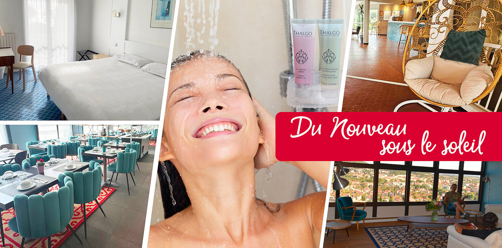 Composition de visuels : personne qui se fait masser, salle de restaurant...