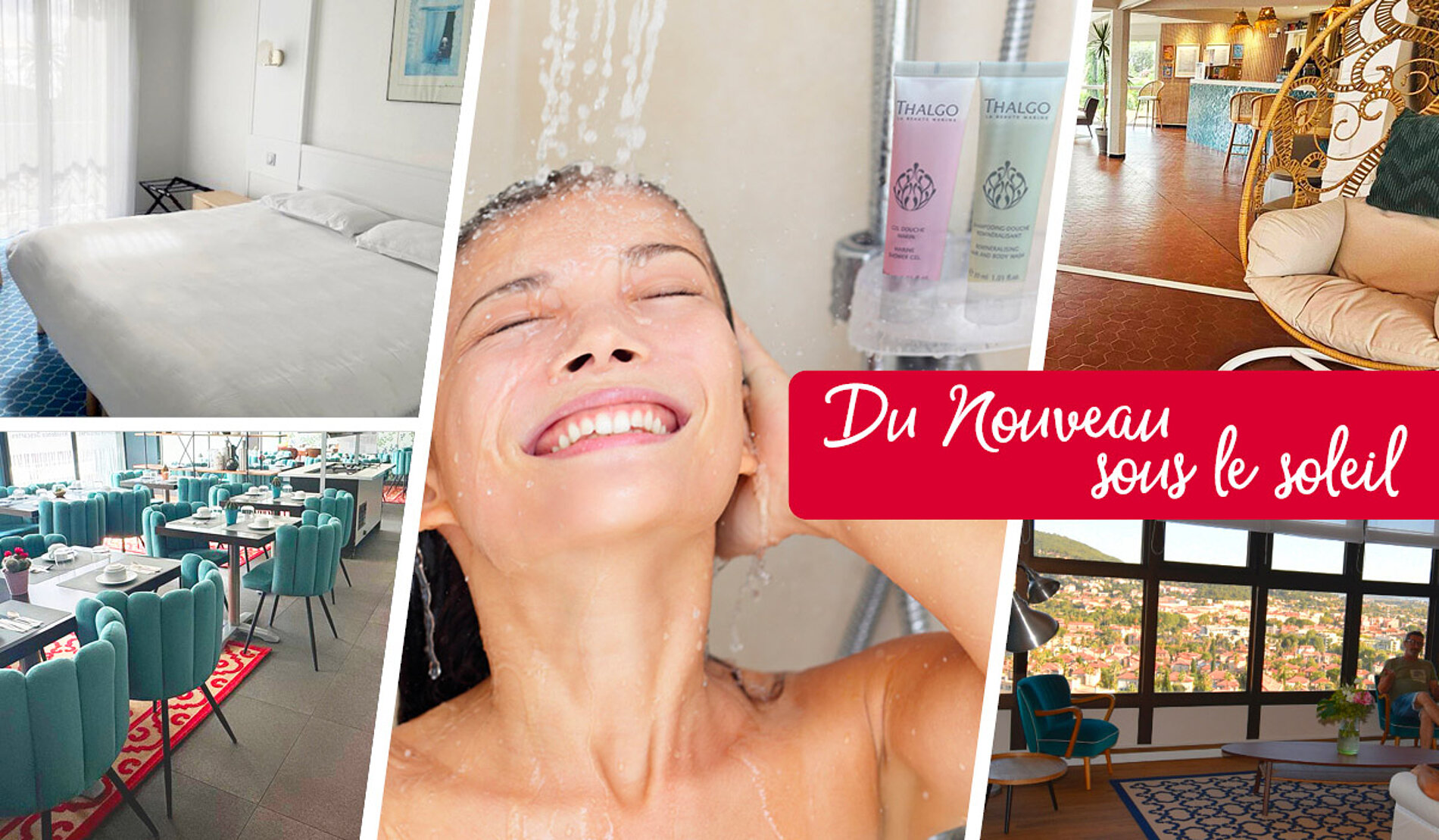 Composition de visuels : personne qui se fait masser, salle de restaurant...